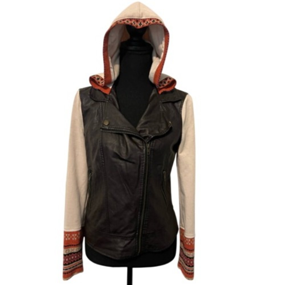 Others Follow Faux Leather Cloth Jacket Hooded Front Zip Juniors M Skater Street